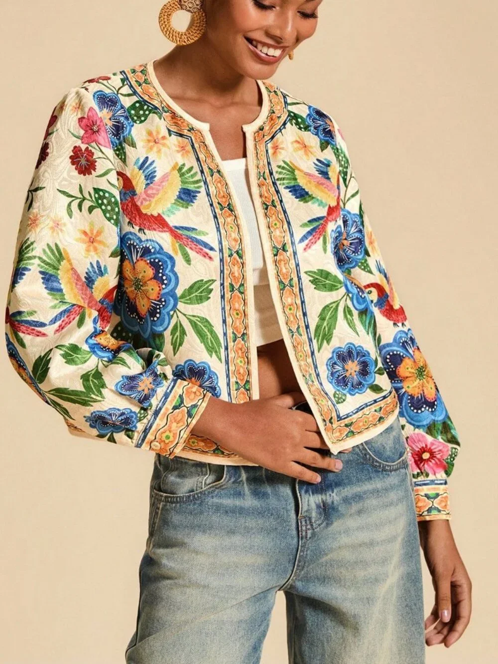 Multicolor Casual Women's Floral Print Open Front Light Boho Tropical top - Picture 5 of 7